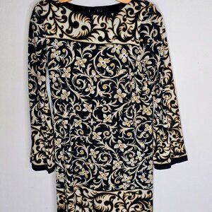 Nicole Miller Long Sleeve Silk Baroque Scroll Print Dress
